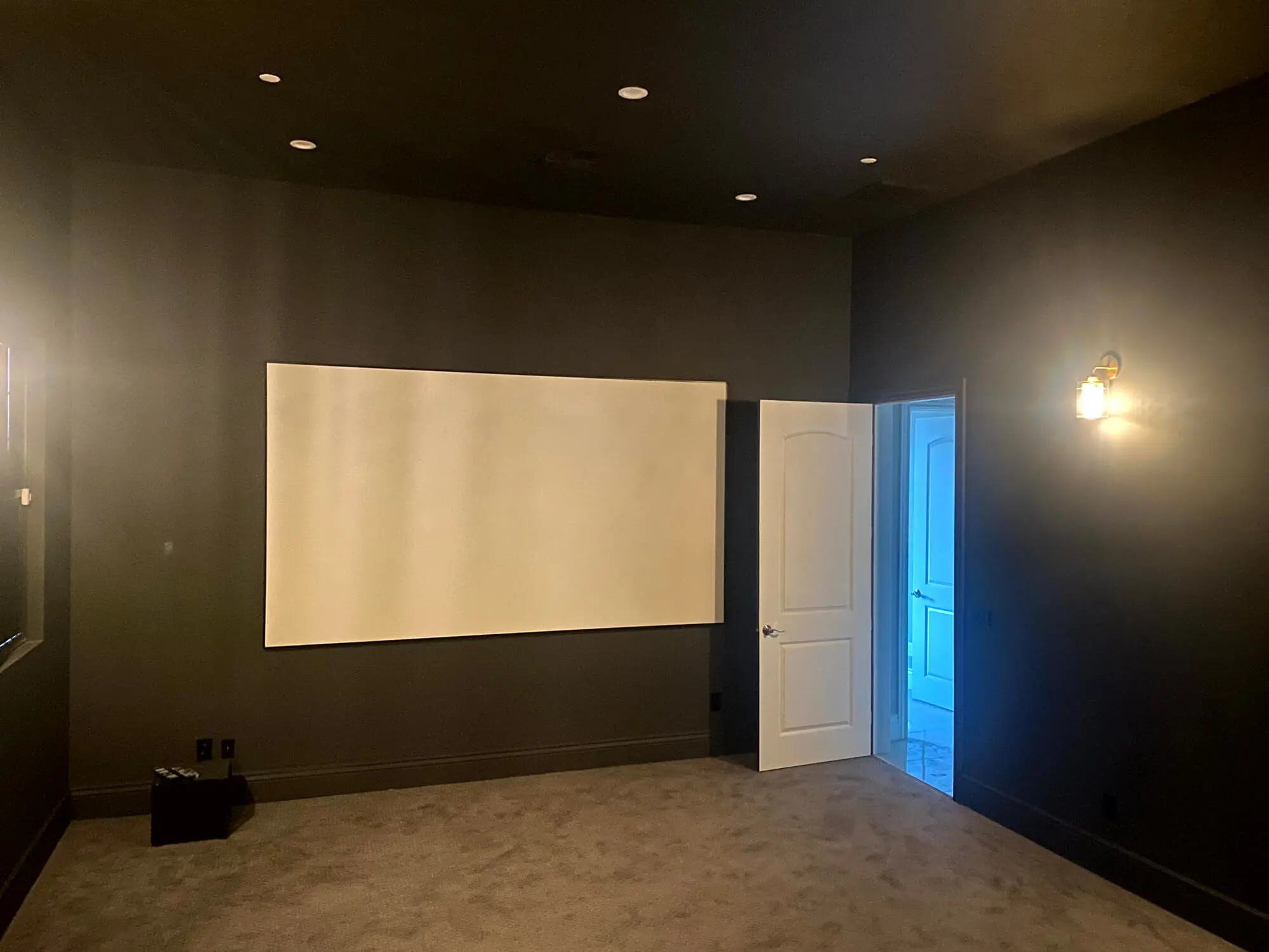 Modern home theater room featuring matte black walls and ceiling for an immersive cinematic experience, professionally painted by Butchers Custom Painting.