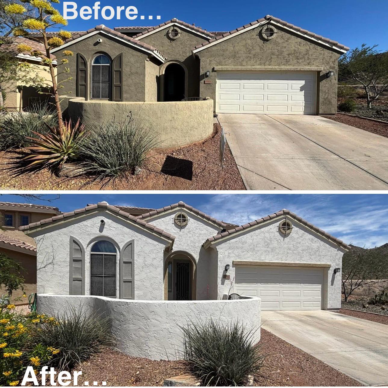 before and after painting of a stucco house