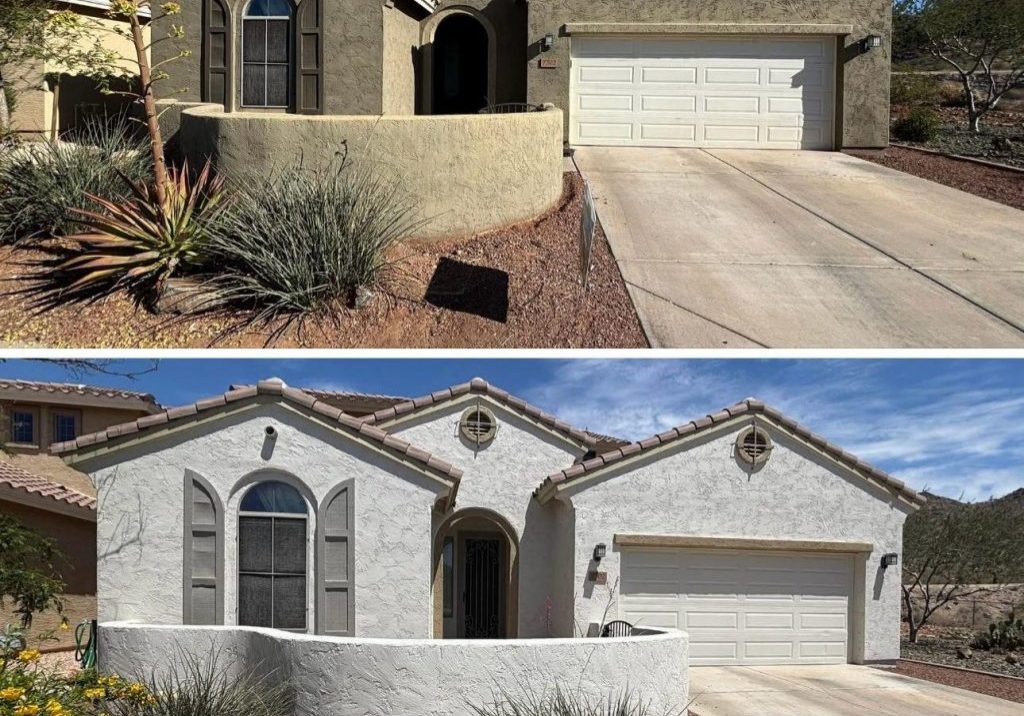 before and after painting of a stucco house